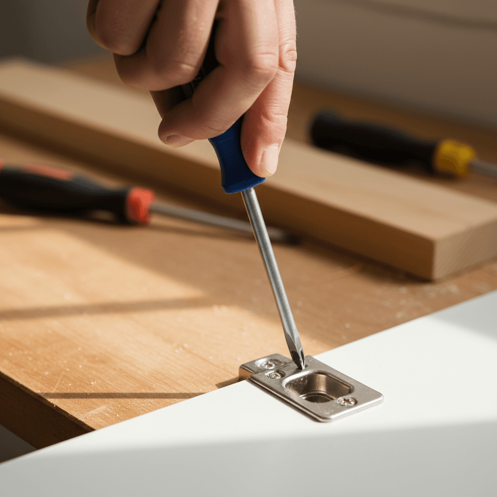 Close-up of hands tightening a cabinet hinge with a screwdriver