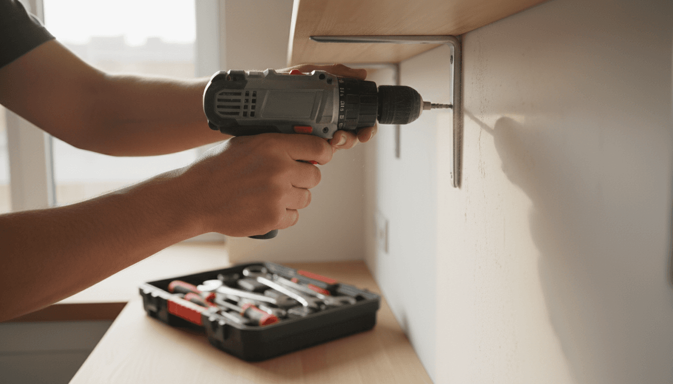 Handyman tightening a shelf bracket with a cordless drill in a Toronto home