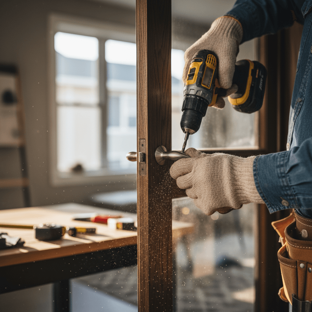 Handyman's hands tightening a screw on a cabinet hinge