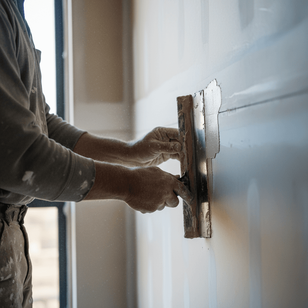 Hand sanding a freshly repaired drywall corner smooth
