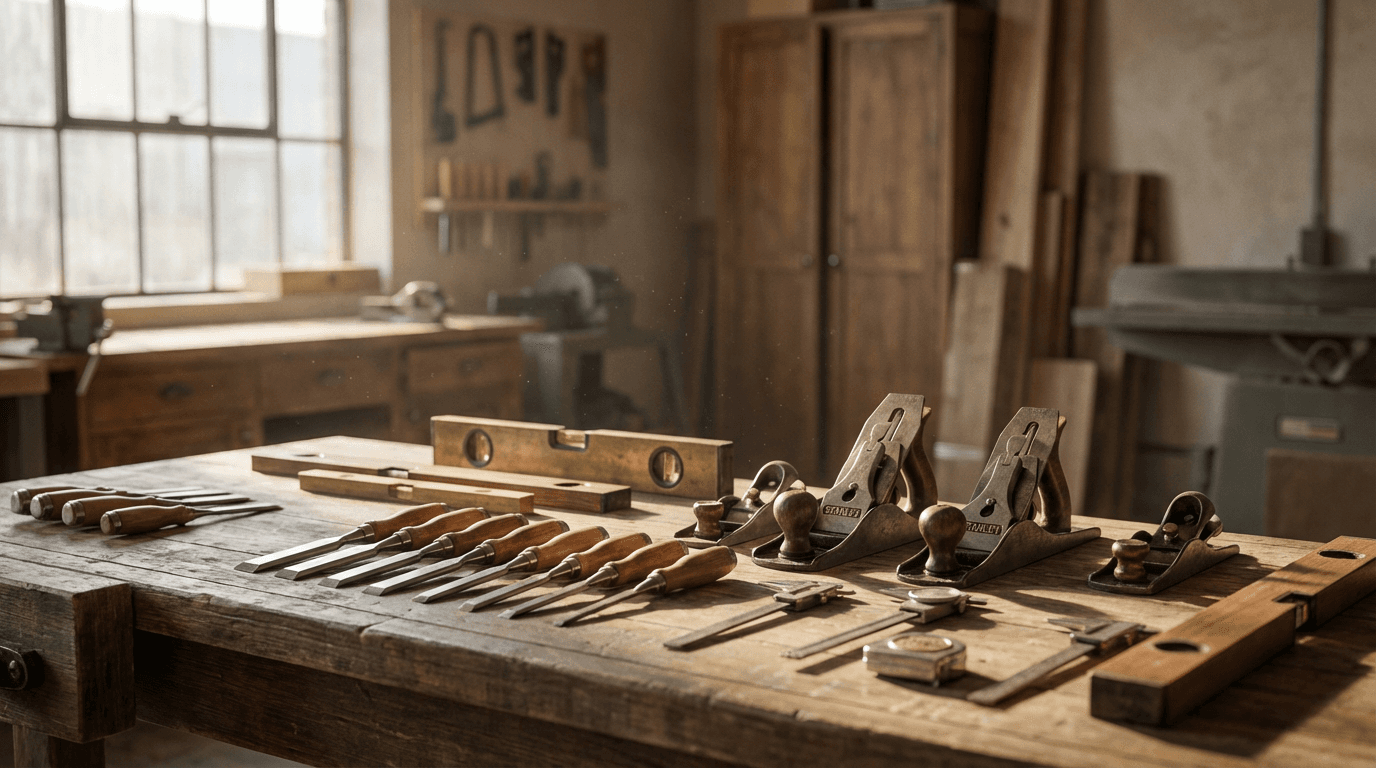 Organized workbench with hand tools ready for a repair job