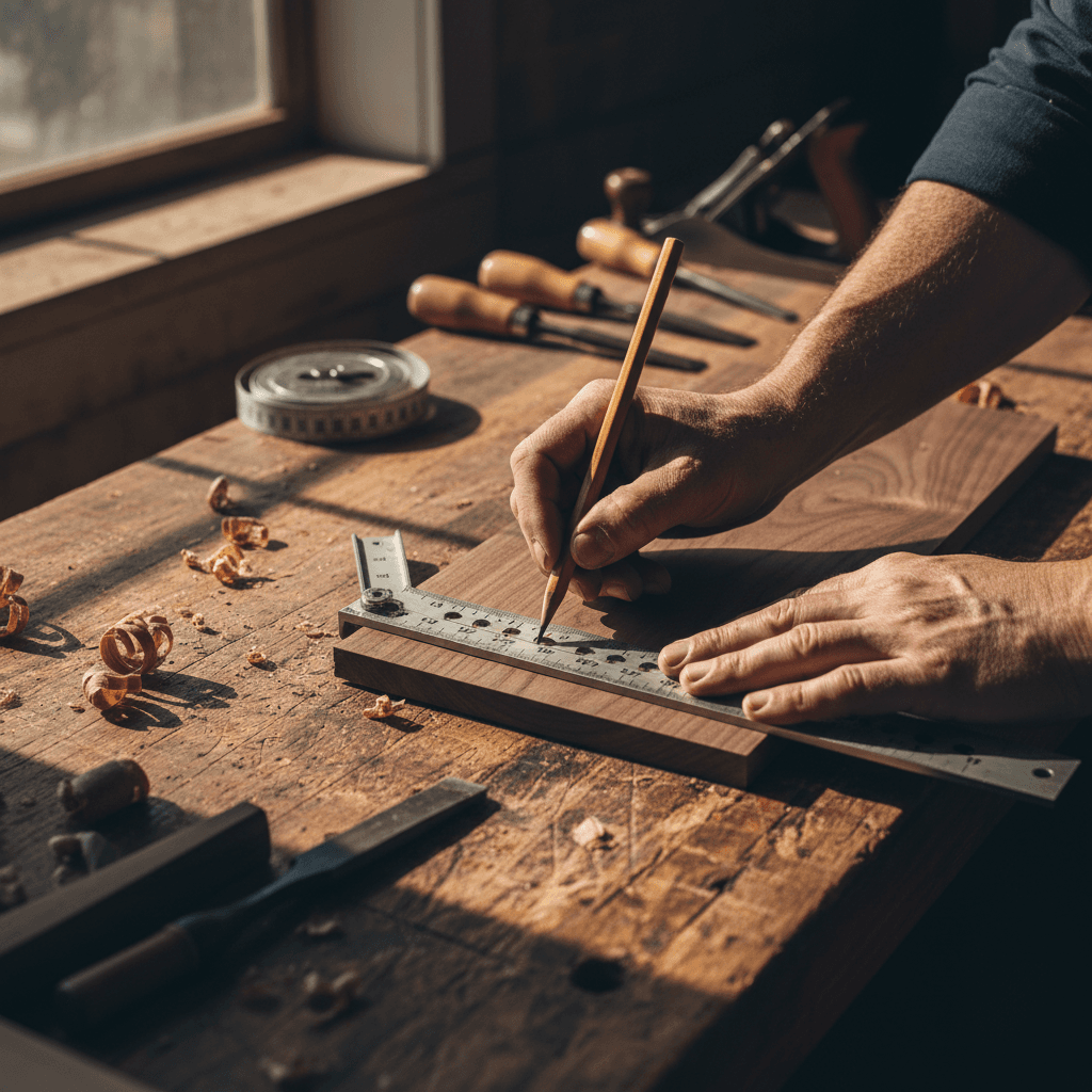 Handyman's hands drilling a shelf bracket into a wooden shelf