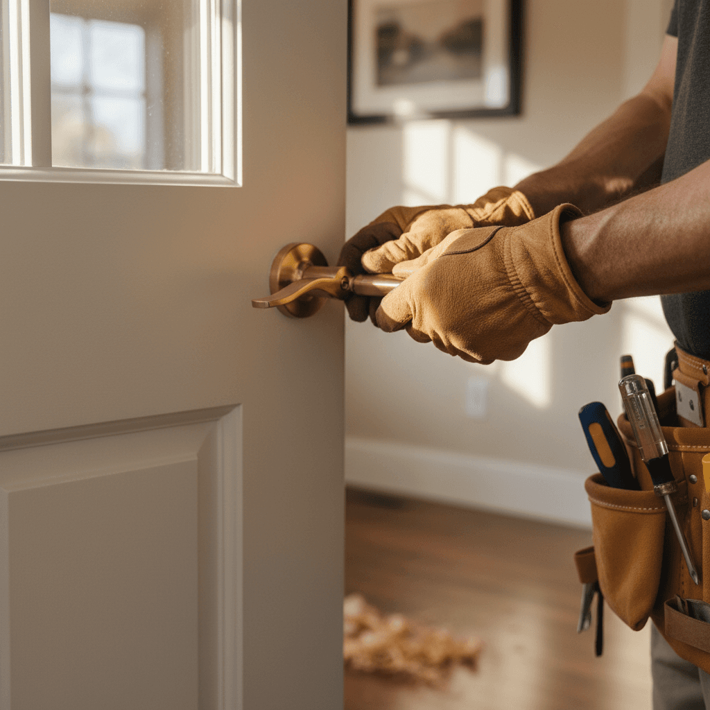 Handyman installing and tightening a cabinet hinge during a repair in a Toronto home