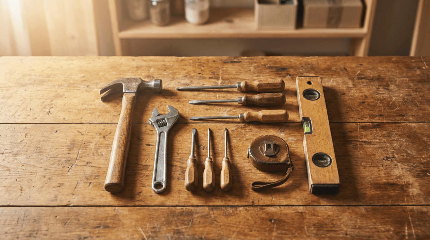 Handyman tools arranged on a workbench in a bright Toronto home