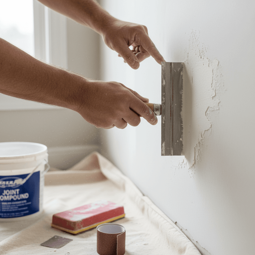 Close-up of hands applying joint compound to a drywall seam