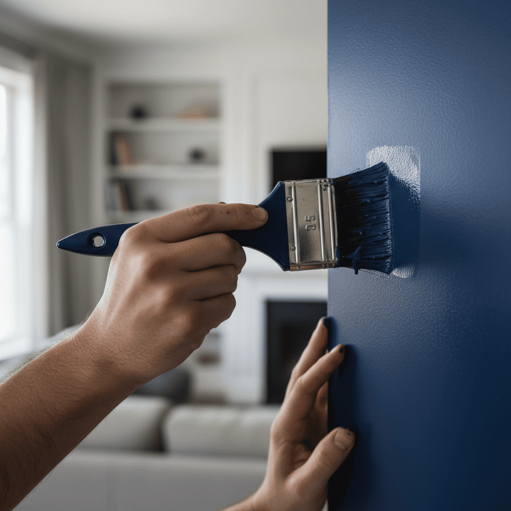 Freshly painted accent wall in navy