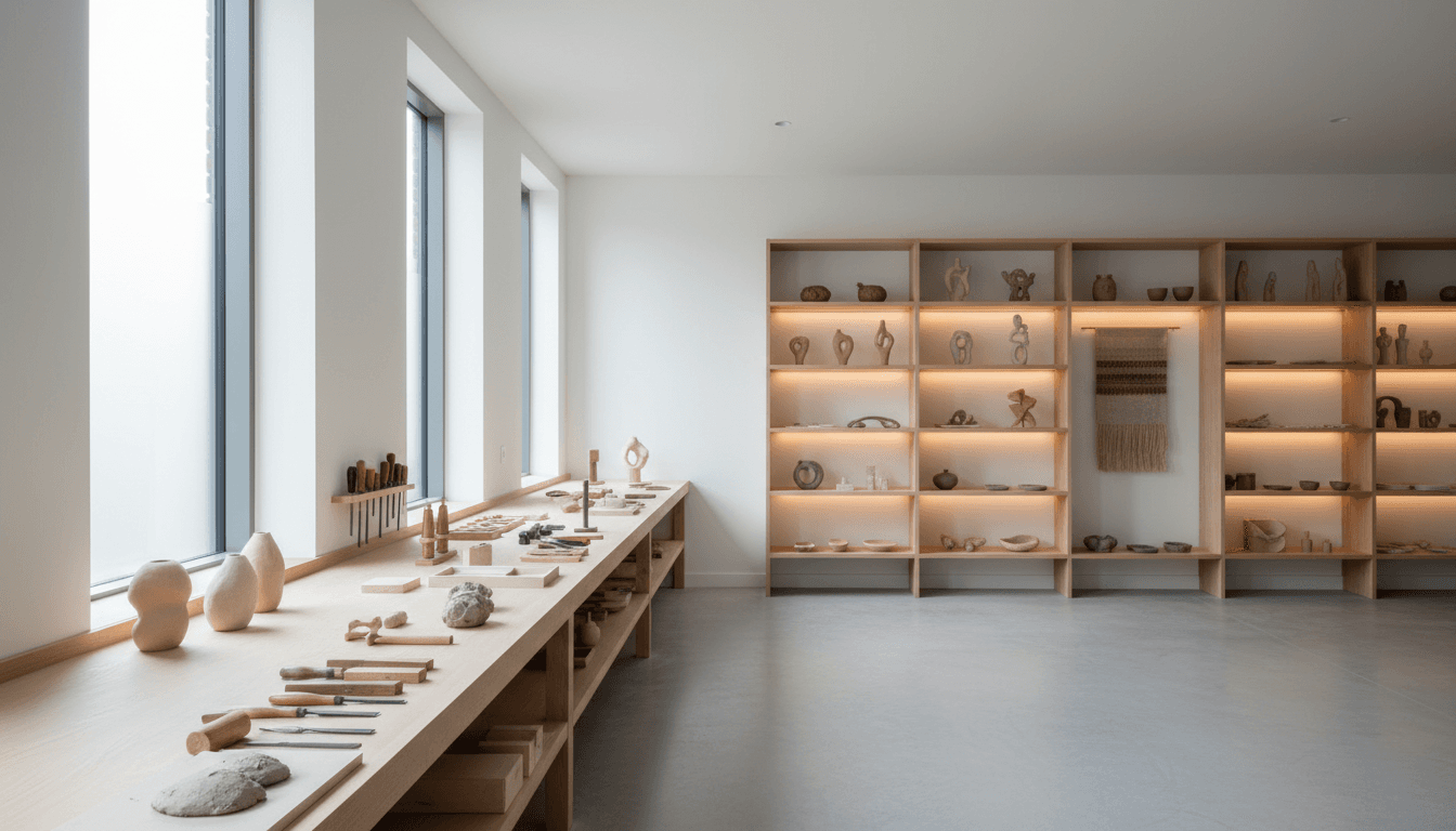 Completed floating wood shelves installed on a bright living room wall