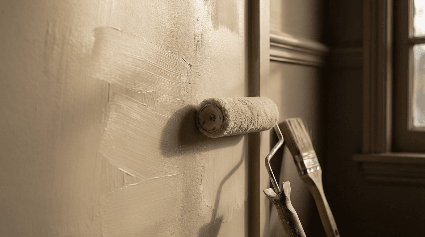 Freshly painted room with a ladder and drop cloth in the corner