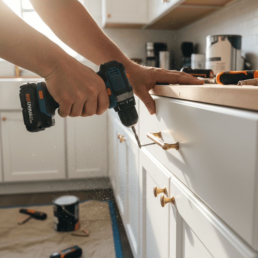 Handyman tightening a cabinet hinge with a screwdriver